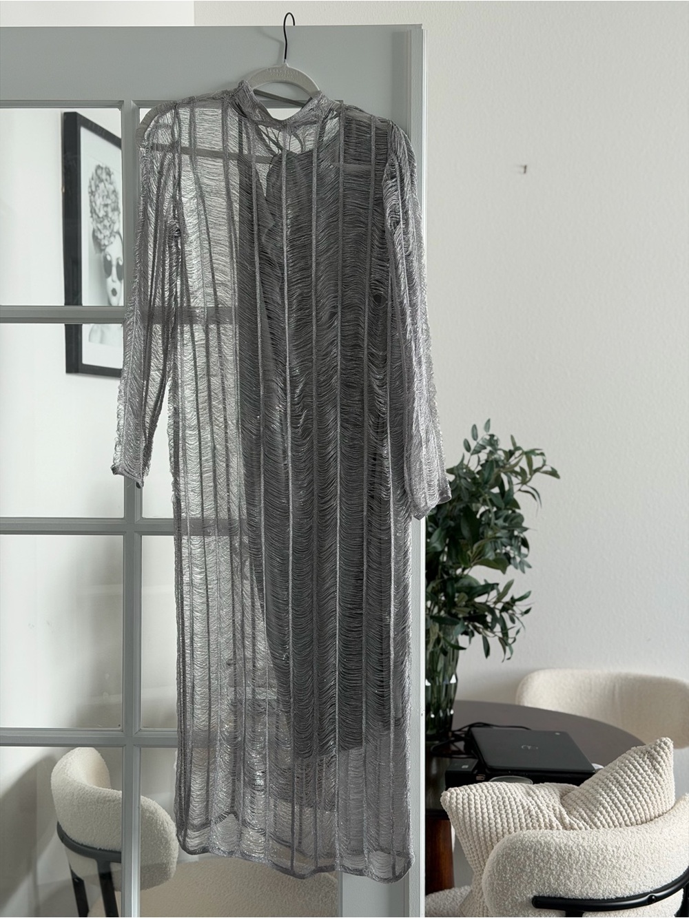 Zara Sheer Long-Sleeve Midi Dress in Gray